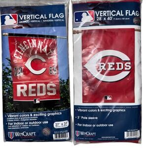 Bundle lot of Two Cincinnati Reds vertical flags Wincraft Official MLB flagpole